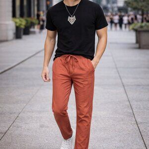 Light Summer Joggers for Men - Slim Fit - Pockets - Elastic & Draw Cord - Brown